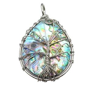 Abalone Shell Teardrop Pendant Tree Of Life Copper Wire Wrapped Platinum, approx 35-45mm [GM20814]