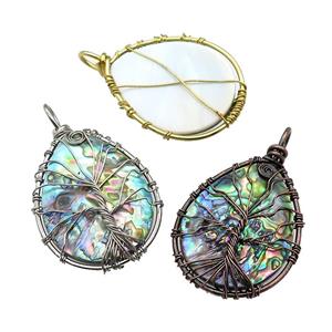 Abalone Shell Teardrop Pendant Tree Of Life Copper Wire Wrapped Mixed, approx 35-45mm [GM20817]