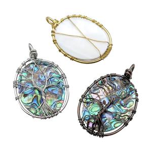 Abalone Shell Oval Pendant Tree Of Life Copper Wire Wrapped Mixed, approx 35-45mm [GM20821]