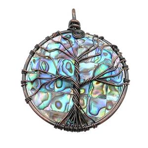 Abalone Shell Circle Pendant Tree Of Life Copper Wire Wrapped Antique Red, approx 45mm [GM20824]