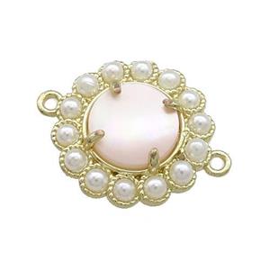 Copper Circle Connector Pave Pink Queen Shell Pearlized Resin Gold Plated, approx 18mm [GM20897]