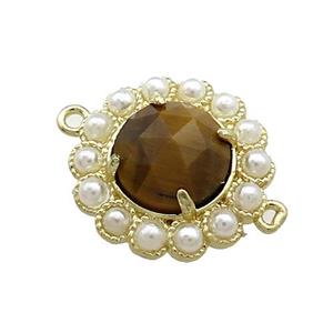 Copper Circle Connector Pave Tiger Eye Stone Pearlized Resin Gold Plated, approx 18mm [GM20903]