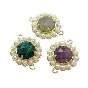 Copper Circle Connector Pave Gemstone Pearlized Resin Gold Plated Mixed, approx 18mm [GM20906]