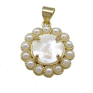 Copper Circle Pendant Pave White Shell Pearlized Resin Gold Plated, approx 18mm [GM20907]