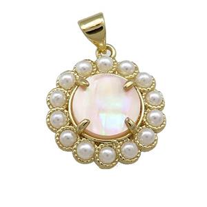 Copper Circle Pendant Pave Pink Queen Shell Pearlized Resin Gold Plated, approx 18mm [GM20908]