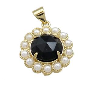 Copper Circle Pendant Pave Black Onyx Pearlized Resin Gold Plated, approx 18mm [GM20910]