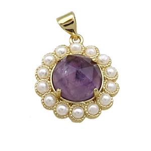 Copper Circle Pendant Pave Puprle Amethyst Pearlized Resin Gold Plated, approx 18mm [GM20913]