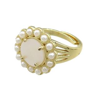 Copper Circle Rings Pave White Shell Pearlized Resin Adjustable Gold Plated, approx 18mm, 18mm dia [GM20916]