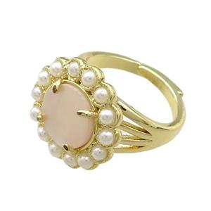 Copper Circle Rings Pave Pink Queen Shell Pearlized Resin Adjustable Gold Plated, approx 18mm, 18mm dia [GM20917]