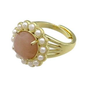Copper Circle Rings Pave Peach Sunstone Pearlized Resin Adjustable Gold Plated, approx 18mm, 18mm dia [GM20920]