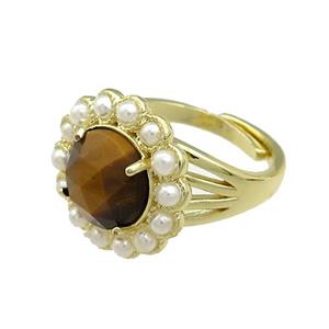 Copper Circle Rings Pave Tiger Eye Stone Pearlized Resin Adjustable Gold Plated, approx 18mm, 18mm dia [GM20924]