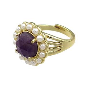 Copper Circle Rings Pave Amethyst Pearlized Resin Adjustable Gold Plated, approx 18mm, 18mm dia [GM20925]