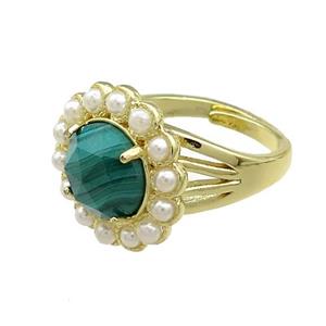 Copper Circle Rings Pave Green Malachite Pearlized Resin Adjustable Gold Plated, approx 18mm, 18mm dia [GM20926]