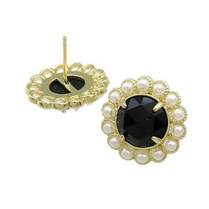 Copper Circle Stud Earrings Pave Black Onyx Pearlized Resin Gold Plated, approx 18mm [GM20930]