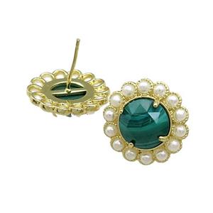 Copper Circle Stud Earrings Pave Green Malachite Pearlized Resin Gold Plated, approx 18mm [GM20932]