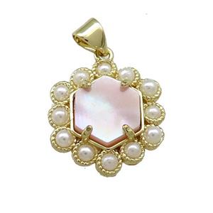 Copper Hexagon Pendant Pave Pink Queen Shell Pearlized Resin Gold Plated, approx 18mm [GM20934]