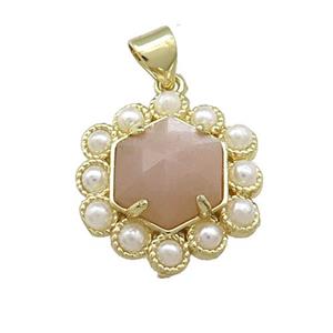 Copper Hexagon Pendant Pave Peach Sunstone Pearlized Resin Gold Plated, approx 18mm [GM20936]