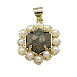 Copper Hexagon Pendant Pave Pyrite Pearlized Resin Gold Plated, approx 18mm [GM20937]