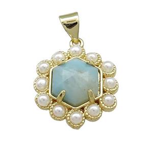 Copper Hexagon Pendant Pave Blue Amazonite Pearlized Resin Gold Plated, approx 18mm [GM20939]