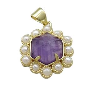Copper Hexagon Pendant Pave Puprle Amethyst Pearlized Resin Gold Plated, approx 18mm [GM20940]