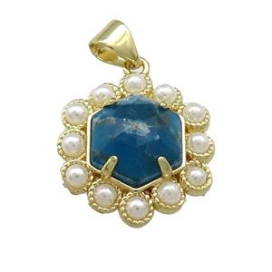 Copper Hexagon Pendant Pave Blue Apatite Pearlized Resin Gold Plated, approx 18mm [GM20941]