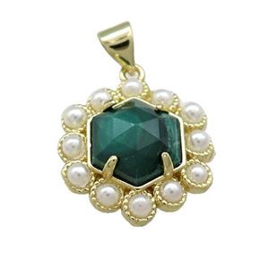 Copper Hexagon Pendant Pave Malachite Pearlized Resin Gold Plated, approx 18mm [GM20942]
