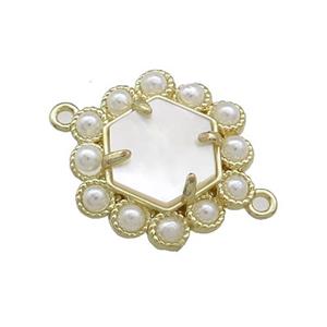 Copper Hexagon Connector Pave White Shell Pearlized Resin Gold Plated, approx 18mm [GM20944]