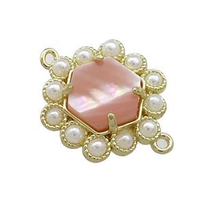 Copper Hexagon Connector Pave Pink Queen Shell Pearlized Resin Gold Plated, approx 18mm [GM20945]