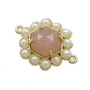Copper Hexagon Connector Pave Peach Sunstone Pearlized Resin Gold Plated, approx 18mm [GM20949]