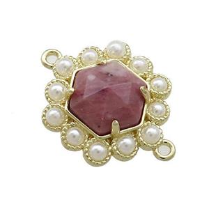 Copper Hexagon Connector Pave Pink Wood Lace Jasper Pearlized Resin Gold Plated, approx 18mm [GM20952]