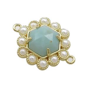 Copper Hexagon Connector Pave Blue Amazonite Pearlized Resin Gold Plated, approx 18mm [GM20953]