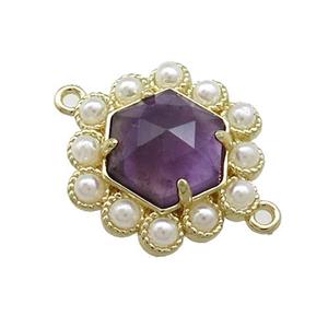 Copper Hexagon Connector Pave Purple Amethyst Pearlized Resin Gold Plated, approx 18mm [GM20954]