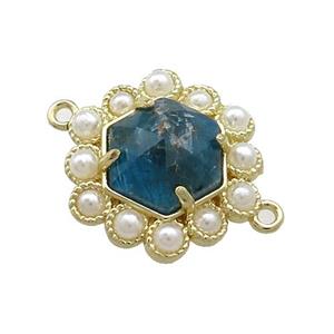 Copper Hexagon Connector Pave Blue Apatite Pearlized Resin Gold Plated, approx 18mm [GM20955]