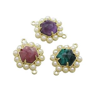 Copper Hexagon Connector Pave Gemstone Pearlized Resin Gold Plated Mixed, approx 18mm [GM20957]