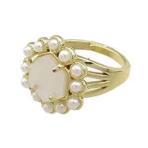 Copper Hexagon Rings Pave White Shell Pearlized Resin Adjustable Gold Plated, approx 18mm, 18mm dia [GM20958]