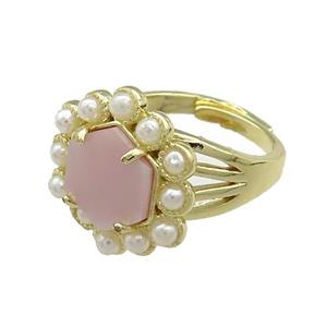 Copper Hexagon Rings Pave Pink Queen Shell Pearlized Resin Adjustable Gold Plated, approx 18mm, 18mm dia [GM20959]