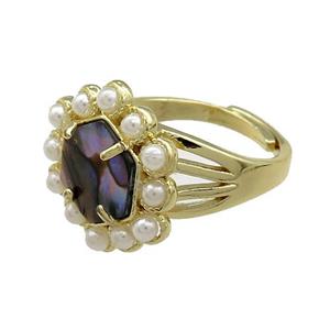 Copper Hexagon Rings Pave Abalone Shell Pearlized Resin Adjustable Gold Plated, approx 18mm, 18mm dia [GM20960]