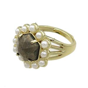 Copper Hexagon Rings Pave Pyrite Pearlized Resin Adjustable Gold Plated, approx 18mm, 18mm dia [GM20965]