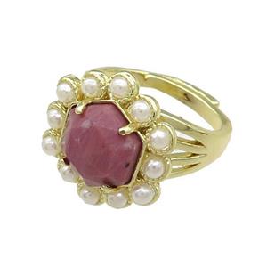Copper Hexagon Rings Pave Pink Wood Lace Jasper Pearlized Resin Adjustable Gold Plated, approx 18mm, 18mm dia [GM20966]