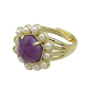 Copper Hexagon Rings Pave Purple Amethyst Pearlized Resin Adjustable Gold Plated, approx 18mm, 18mm dia [GM20968]