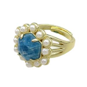 Copper Hexagon Rings Pave Blue Apatite Pearlized Resin Adjustable Gold Plated, approx 18mm, 18mm dia [GM20969]