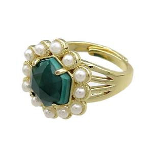 Copper Hexagon Rings Pave Malachite Pearlized Resin Adjustable Gold Plated, approx 18mm, 18mm dia [GM20970]