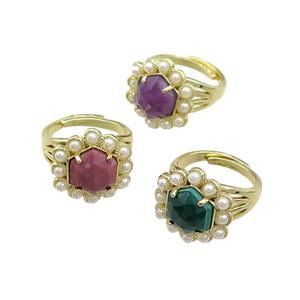 Copper Hexagon Rings Pave Gemstone Pearlized Resin Adjustable Gold Plated Mixed, approx 18mm, 18mm dia [GM20971]