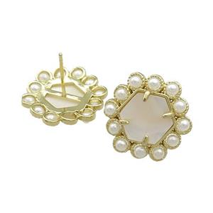 Copper Hexagon Stud Earrings Pave White Shell Pearlized Resin Gold Plated, approx 18mm [GM20972]