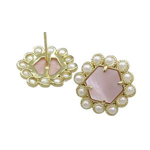 Copper Hexagon Stud Earrings Pave Pink Queen Shell Pearlized Resin Gold Plated, approx 18mm [GM20973]