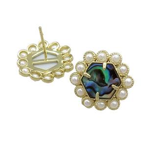 Copper Hexagon Stud Earrings Pave Abalone Shell Pearlized Resin Gold Plated, approx 18mm [GM20974]