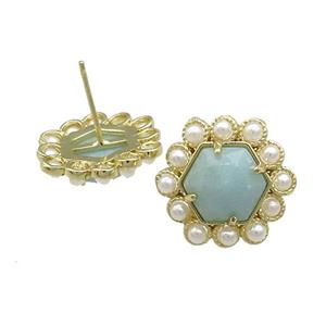 Copper Hexagon Stud Earrings Pave Blue Amazonite Pearlized Resin Gold Plated, approx 18mm [GM20976]