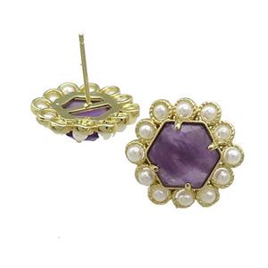 Copper Hexagon Stud Earrings Pave Amethyst Pearlized Resin Gold Plated, approx 18mm [GM20977]