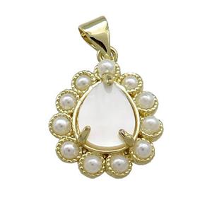 Copper Teardrop Pendant Pave White Shell Pearlized Resin Gold Plated, approx 16-18mm [GM20978]
