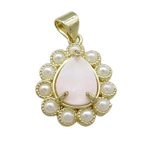 Copper Teardrop Pendant Pave Pink Queen Shell Pearlized Resin Gold Plated, approx 16-18mm [GM20979]